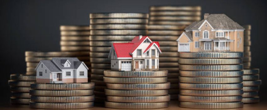 Houses of different size with different value on stacks of coins. Concept of property, mortgage and real estate investment. 3d illustration